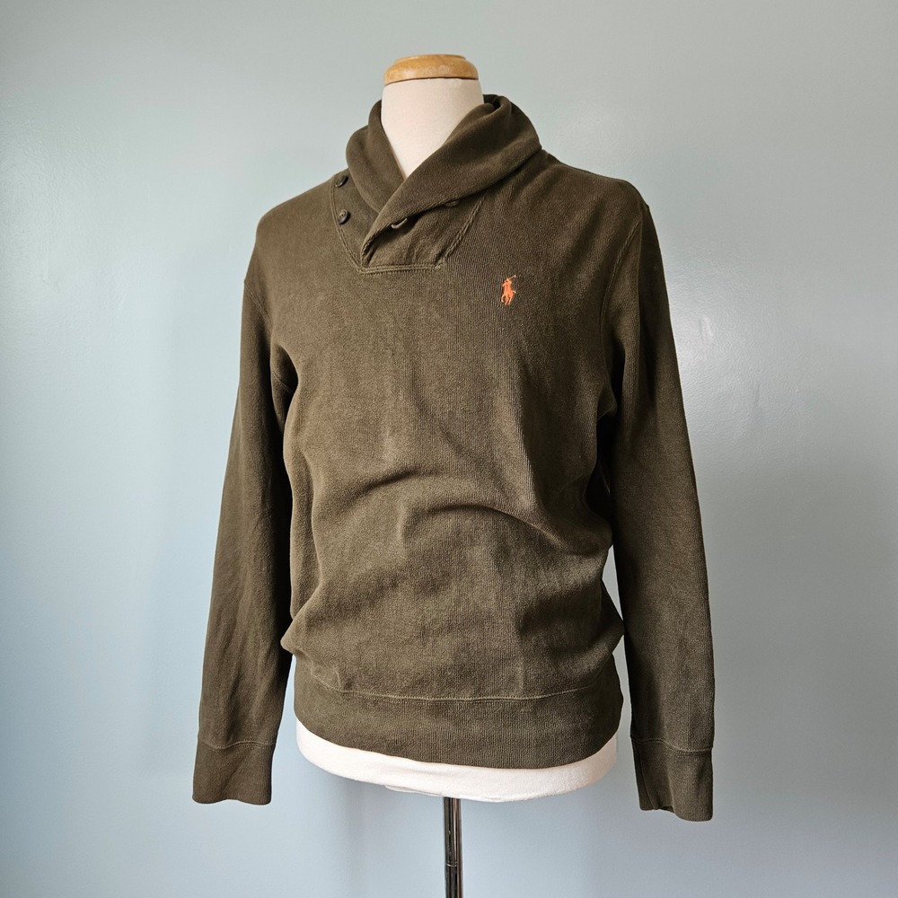 Vtg 90s Polo Ralph Lauren Olive Green Shawl Collar Cotton Pullover Sweater Large